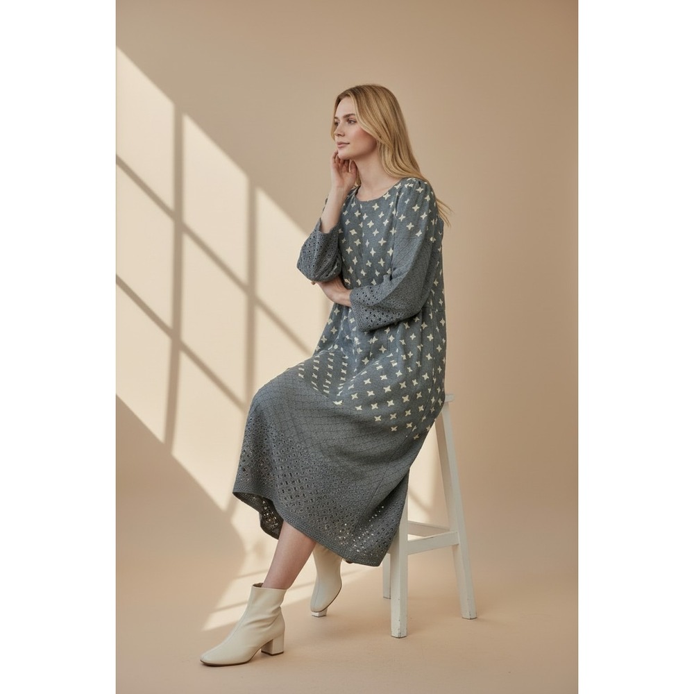 Boutique Cottagecore Midi Dress M Grey Eyelet Embroidered Folkloric Prairie